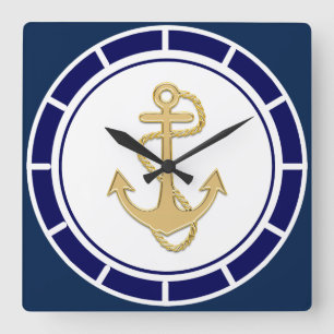 Central Golden Anchor Navy Blue Nautical Square Wall Clock