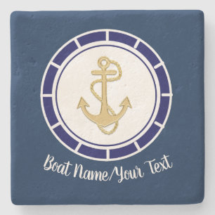 Central Golden Anchor Navy Blue Nautical Stone Coaster