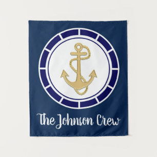 Central Golden Anchor Navy Blue Nautical Tapestry