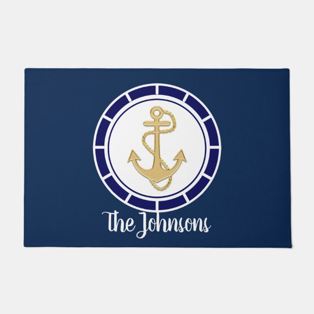 Central Golden Anchor Navy Nautical (Dark Version) Doormat (Front)