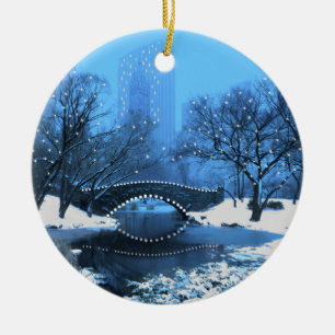 Central Park Bridge at Twilight in the Snow Ceramic Tree Decoration