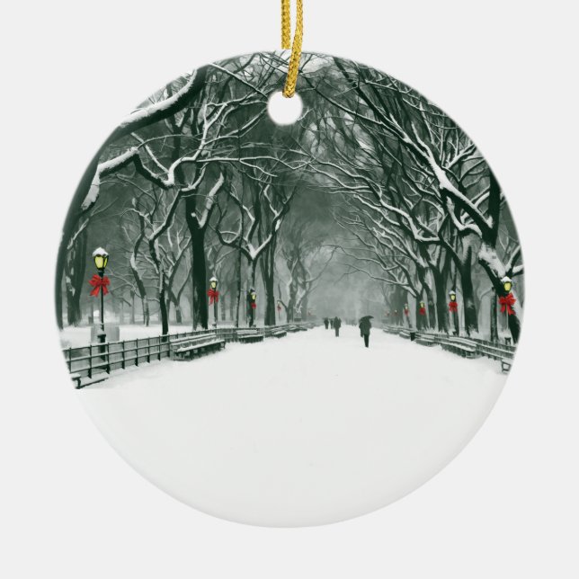 Central Park Snowy Path Ceramic Tree Decoration (Front)