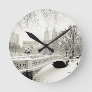 Central Park Winter - Snow on Bow Bridge Round Clock