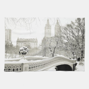 Central Park Winter - Snow on Bow Bridge Tea Towel