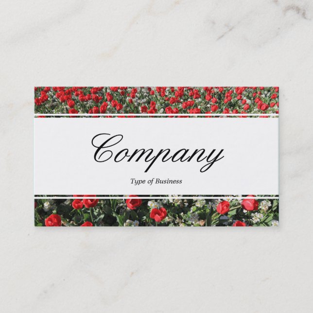 Centre Band (edged) - Script - Red Tulips and Prim Business Card (Front)