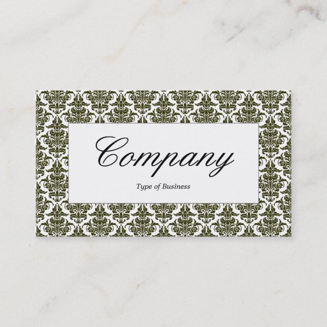 Centre Label - Dark Olive Damask Business Card (Front)
