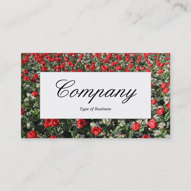 Centre Label - Red Tulips and Primroses Business Card (Front)