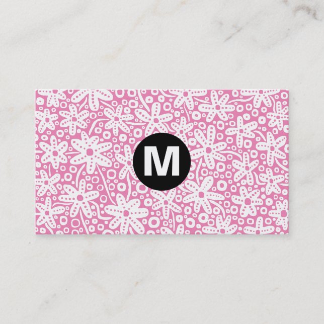 Centre Spot Monogram - Flower Design - Pink ef84b4 Business Card (Front)