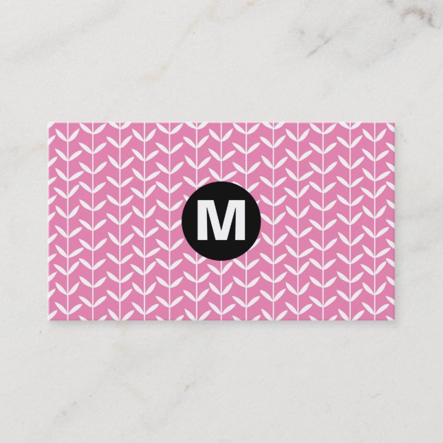 Centre Spot Monogram - Leaf Stalks - Pink ef84b4 Business Card (Front)