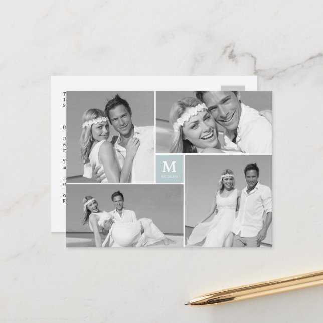Centre Square Monogram Wedding Photo Thank You Postcard (Front/Back In Situ)