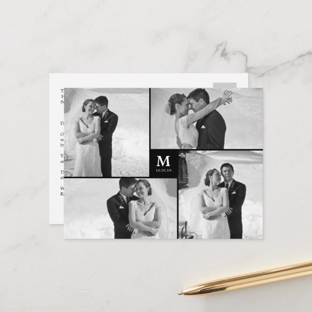 Centre Square Monogram Wedding Photo Thank You Postcard (Front/Back In Situ)