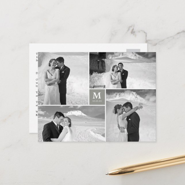 Centre Square Monogram Wedding Photo Thank You Postcard (Front/Back In Situ)