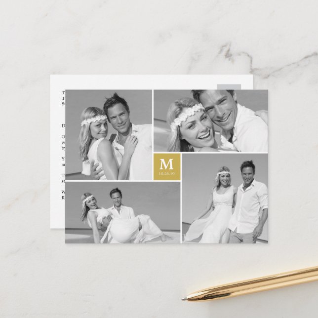 Centre Square Monogram Wedding Photo Thank You Postcard (Front/Back In Situ)