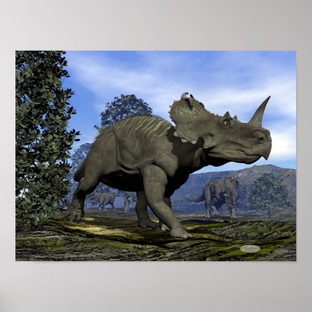 Centrosaurus dinosaurs walking among magnolia tree poster (Front)