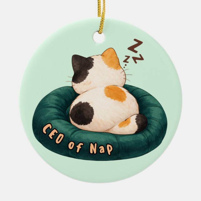 "CEO of Nap" Cat Sleeping on The Couch Ceramic Tree Decoration (Front)