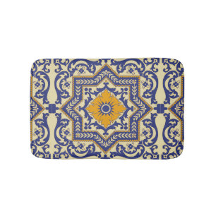 Ceramic Azulejo Style Blue Orange Bath Mat
