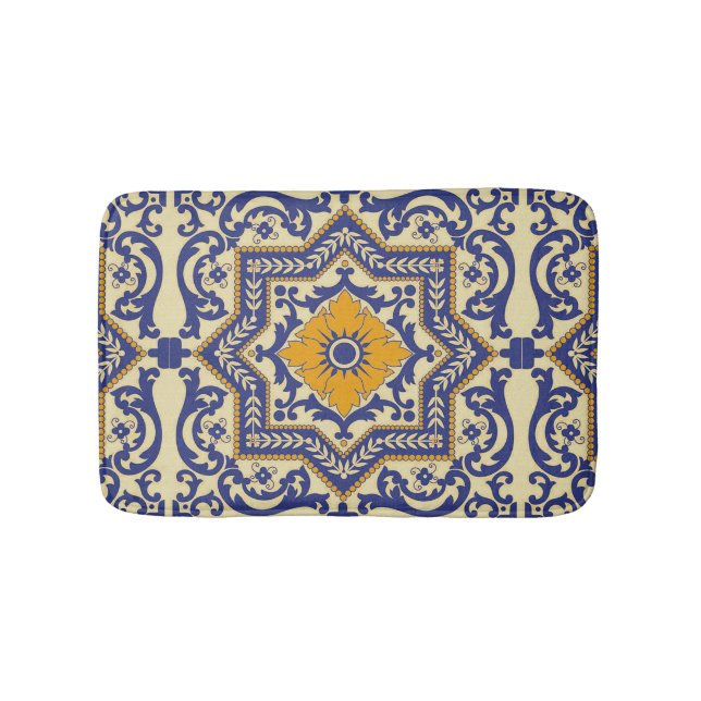 Ceramic Azulejo Style Blue Orange Bath Mat (Front)