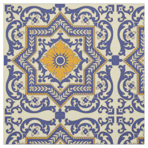 Ceramic Azulejo Style Blue Orange Fabric