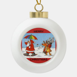 Ceramic ball ornament with Santa and his Caddie