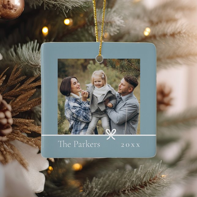 Ceramic Blue | Minimalist Bow Double Sided Photo Ornament (Creator Uploaded)