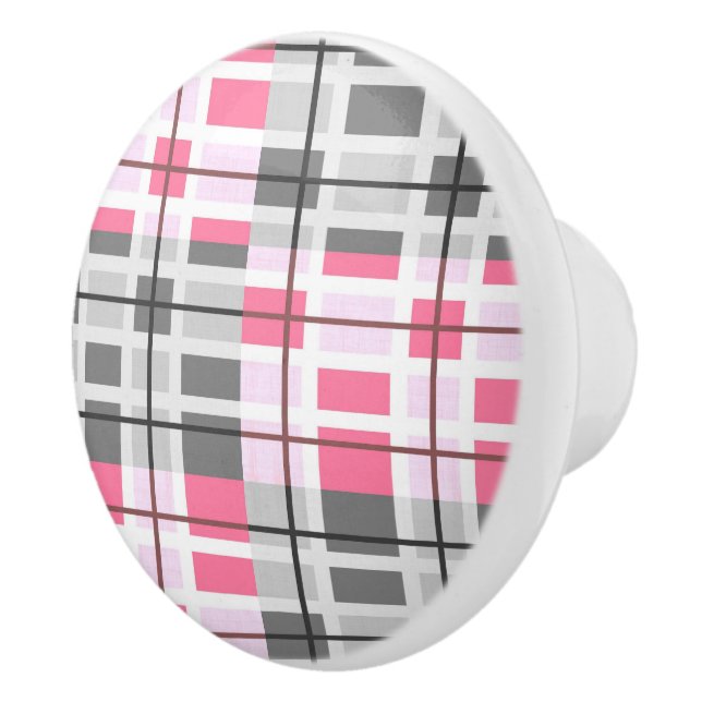 Ceramic Cabinet Knob-Pink & Grey Plaid Ceramic Knob (Right)