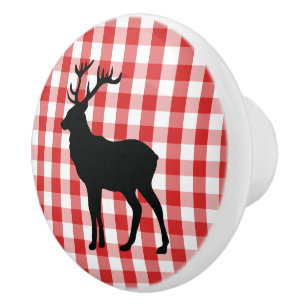 Ceramic Cabinet Knob-Red Plaid & Elk Ceramic Knob