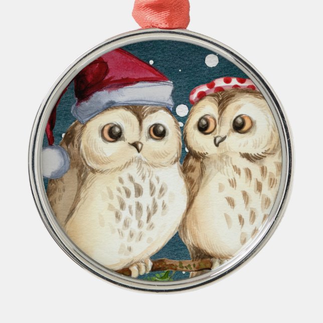 CERAMIC CHRISTMAS ORNAMENT, OWLS AT CHRISTMAS TIME METAL TREE DECORATION (Front)
