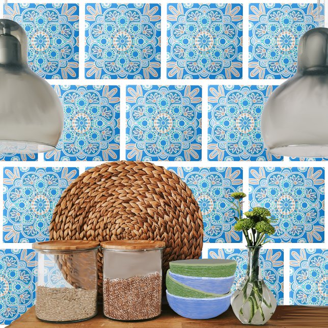 Ceramic decorative tile with light blue geometric (Light blue boho tile shown on a kitchen backsplash.)