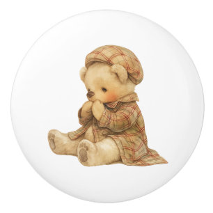 Ceramic Drawer Pull - Bear in Plaids