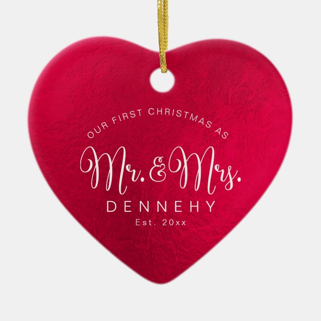 Ceramic Heart First Christmas, Iridescent Red Tree Decoration (Front)