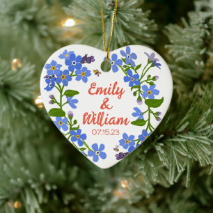 Ceramic heart ornament Wedding Date Forget-me-not 
