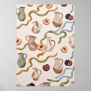 Ceramic Jugs Peach Plum Ribbon Kitchen Art Poster