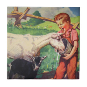 Ceramic Kitchen Tile-Country Farm Boy and Goat Tile