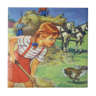 Ceramic Kitchen Tile-Country Farm Girl and Hay Tile
