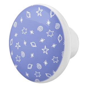 Ceramic Knob Blue Space Doodle Stars Planets