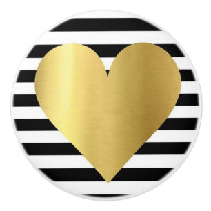 Ceramic Knob/Gold Heart-Black and White Stripes Ceramic Knob