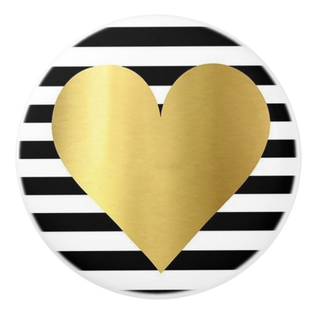 Ceramic Knob/Gold Heart-Black and White Stripes Ceramic Knob (Front)