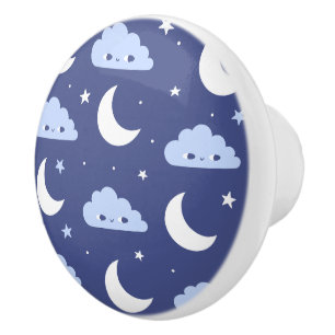 Ceramic Knob Navy Kawaii Moon Stars Clouds