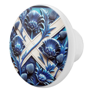 Ceramic knob pull with Scottish Thistles Design