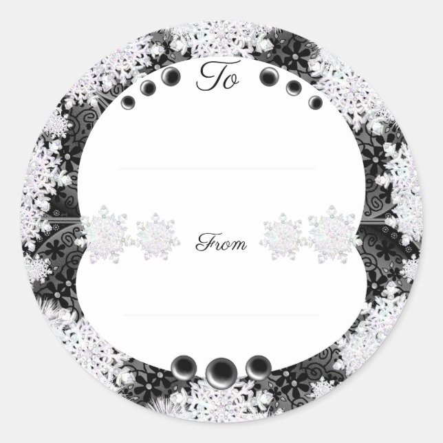 Ceramic lace black & snowflake classic round sticker (Front)