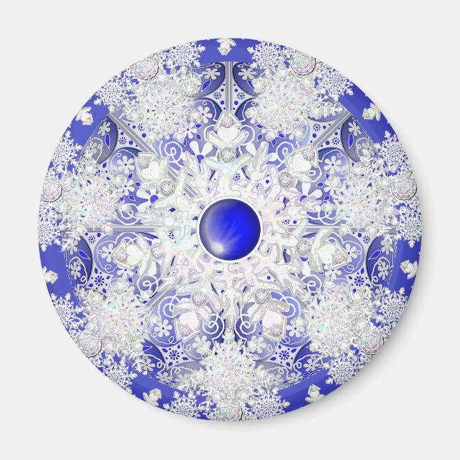 Ceramic lace Blue of Greece & snowflake Magnet (Front)