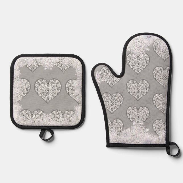 Ceramic lace grey & snowflake oven mitt & pot holder set (Front)