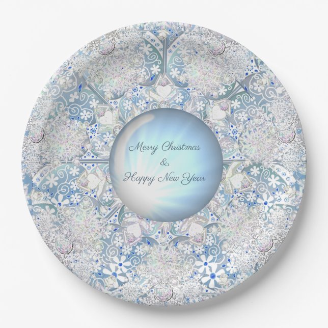 Ceramic lace light blue & snowflake paper plate (Front)