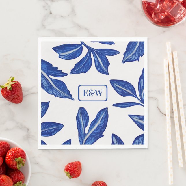 Ceramic Leaves in Blue on white - Their Initials Napkin (Insitu)