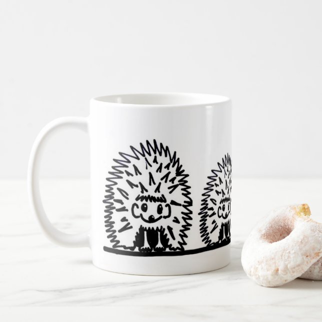 Ceramic mug featuring hedgehog family design (With Donut)