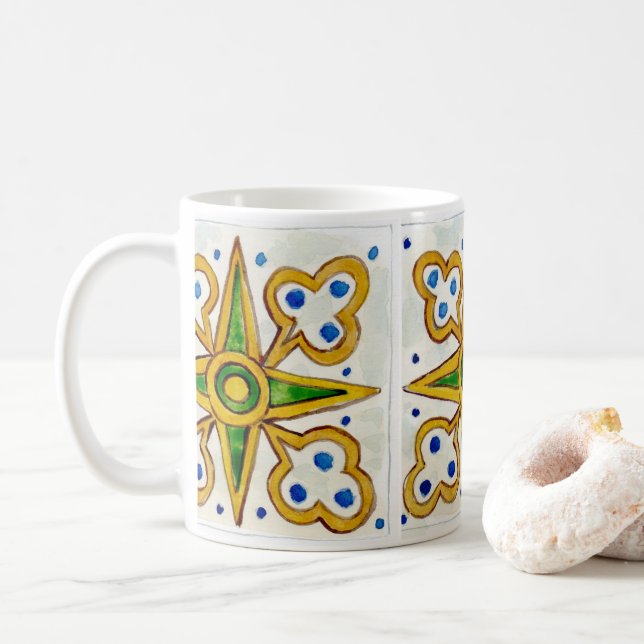 Ceramic mug with traditional Sicilian tile design (With Donut)