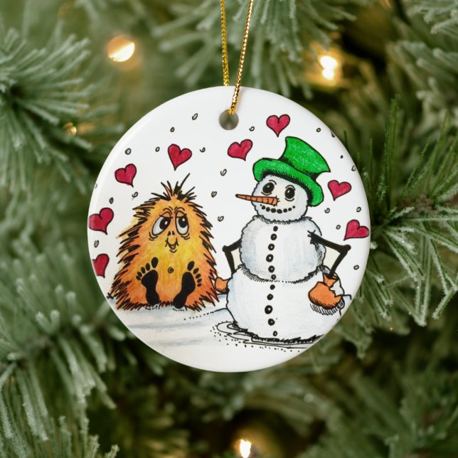 Ceramic Ornament Christmas Snowman and little Yeti (Tree)