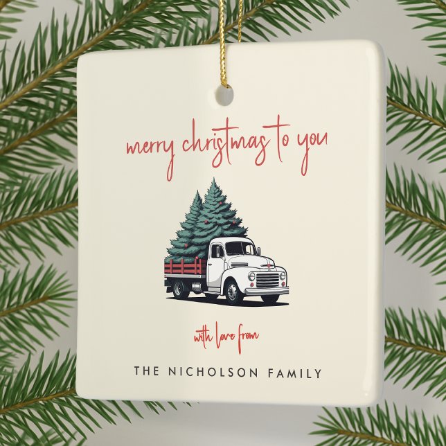 Ceramic Ornament | Christmas Tree Delivery Truck (Personalized vintage delivery truck ceramic ornaments created for cheerful Christmas celebrations)