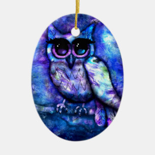 Ceramic Ornament Whimsical Abstract Owl Blue 