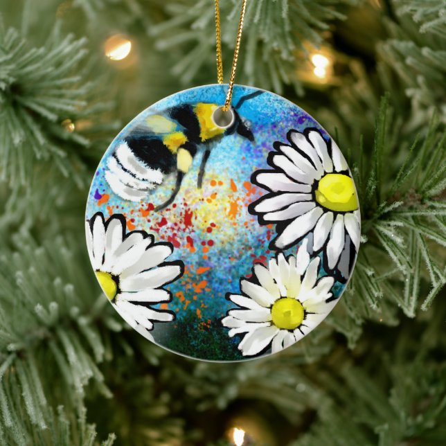 Ceramic Ornament Whimsical Bee Daisies Abstract (Tree)